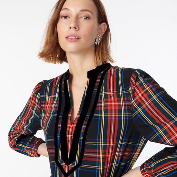 J Crew Velvet-trimmed V-neck Stewart Tartan Tunic Holiday Christmas XXS - Picture 1 of 5